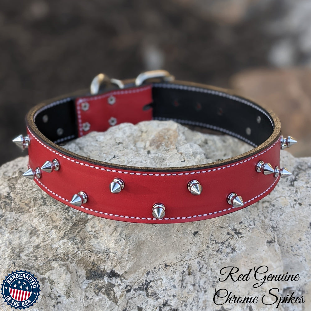 V5 - Custom 1.5" Wide Italian Leather Dog Collar with 1/2" Tree Spikes