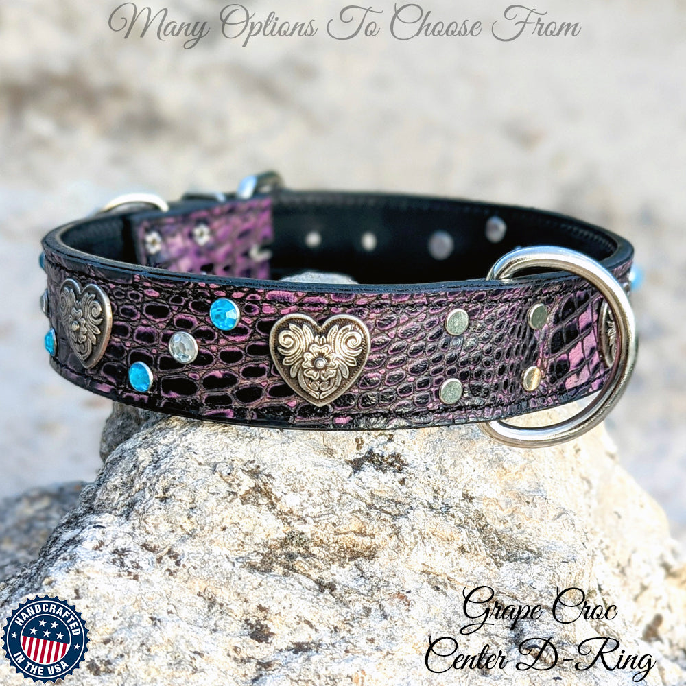 V7 - 1.5" Wide Hearts & Gems Leather Collar