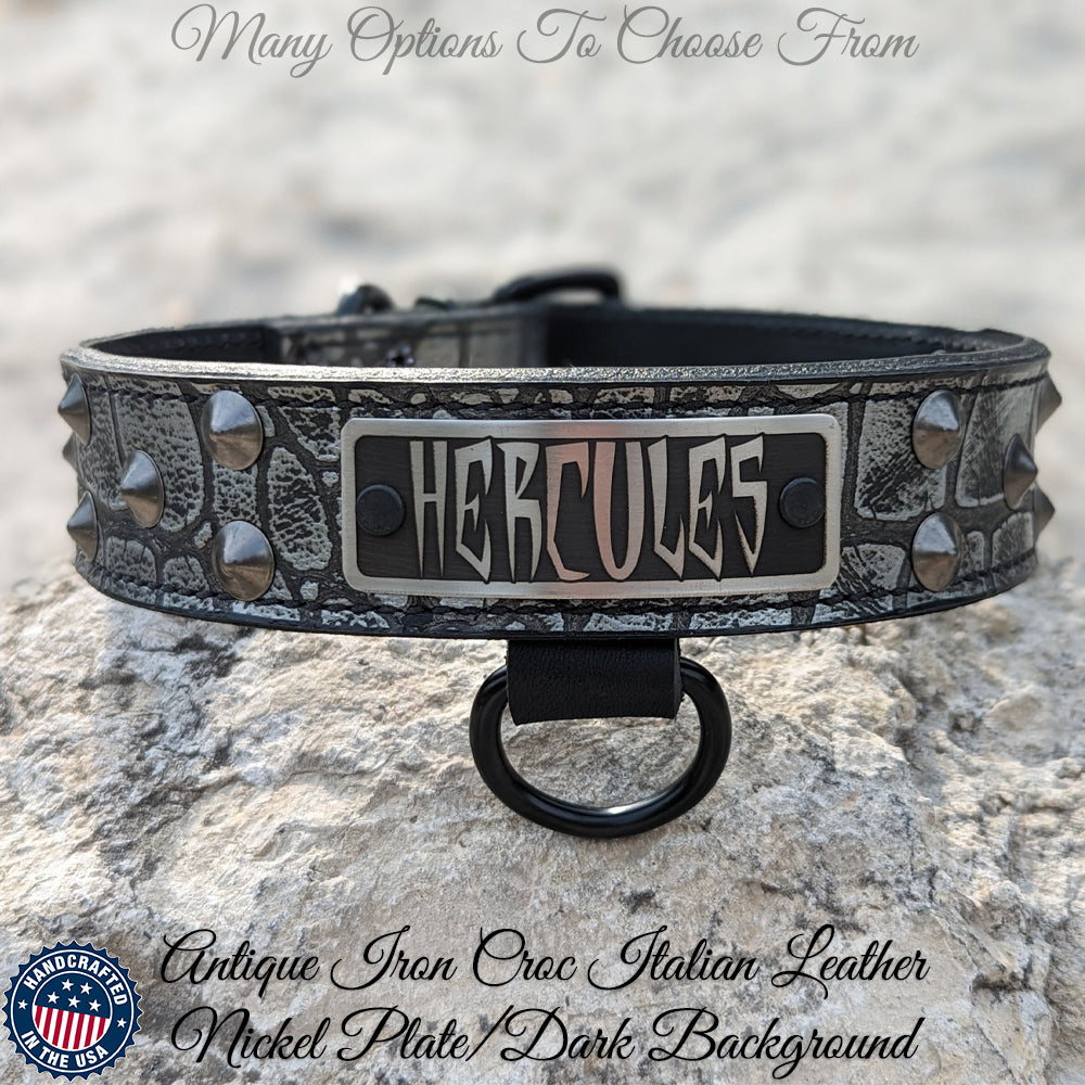 VN1 - Collar de cuero para perros de 1,5" de ancho con placa de identificación y tachuelas cónicas