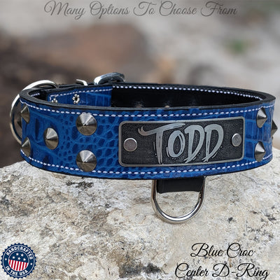 Leather Dog Collar Personalized name Plate Cone Studded Collar 1.5' Wide - VN1