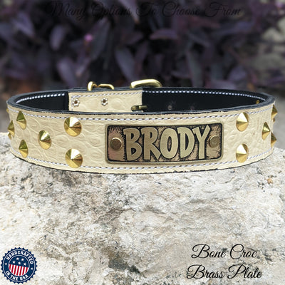 Leather Dog Collar Personalized name Plate Cone Studded Collar 1.5' Wide - VN1
