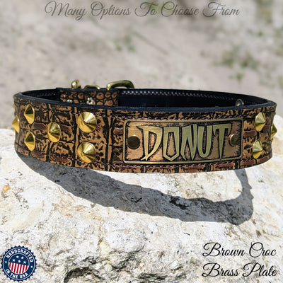 Leather Dog Collar Personalized name Plate Cone Studded Collar 1.5' Wide - VN1