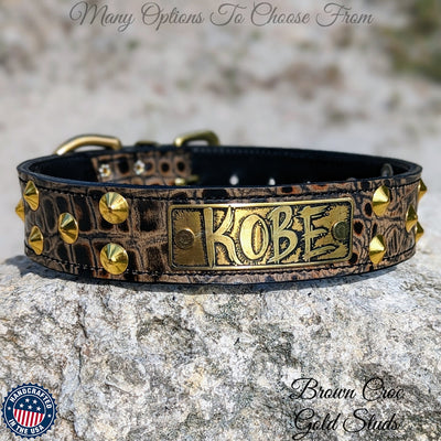 Leather Dog Collar Personalized name Plate Cone Studded Collar 1.5' Wide - VN1