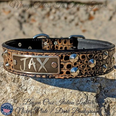 Leather Dog Collar Personalized name Plate Cone Studded Collar 1.5' Wide - VN1