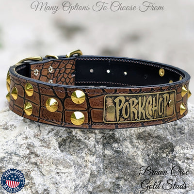 Leather Dog Collar Personalized name Plate Cone Studded Collar 1.5' Wide - VN1
