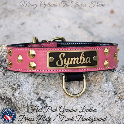 Leather Dog Collar Personalized name Plate Cone Studded Collar 1.5' Wide - VN1