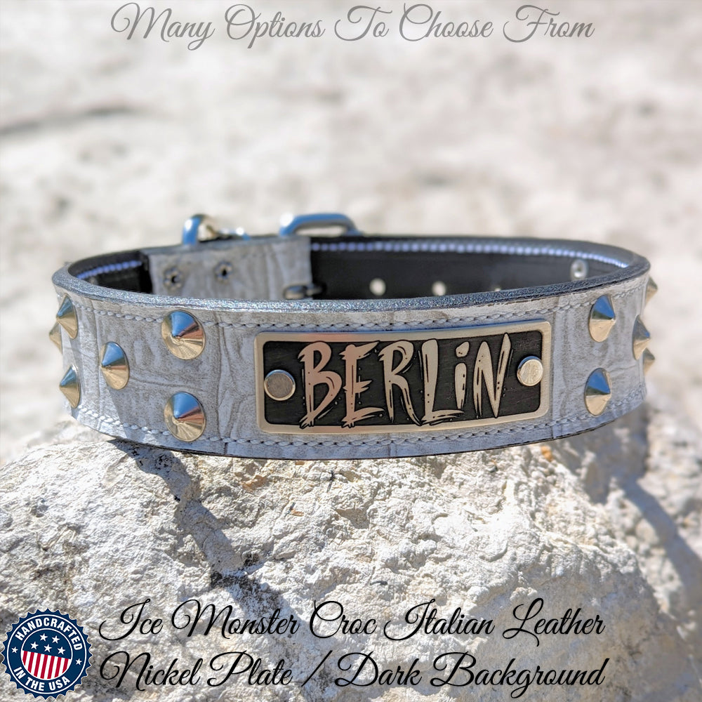 VN1 - Collar de cuero para perros de 1,5" de ancho con placa de identificación y tachuelas cónicas