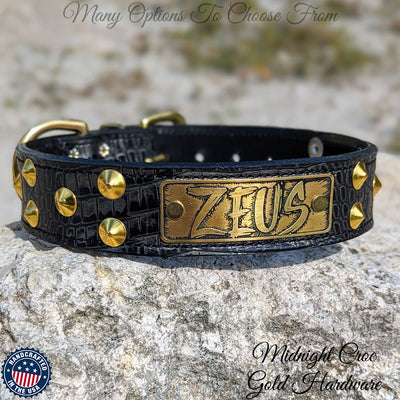 Leather Dog Collar Personalized name Plate Cone Studded Collar 1.5' Wide - VN1