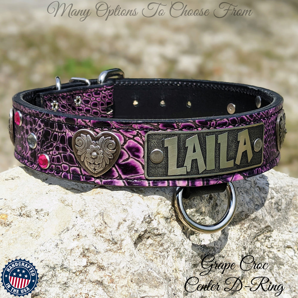 VN2 - 1.5" Wide Leather Dog Collar with Name Plate, Gems & Hearts