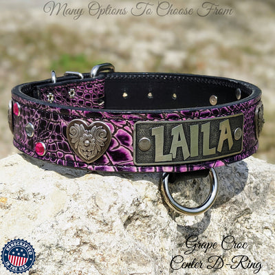 Leather Dog Collar with Name Plate, Gems & Hearts 1.5" Wide - VN2