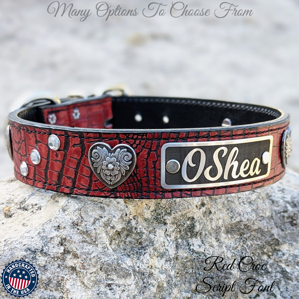 VN2 - 1.5" Wide Leather Dog Collar with Name Plate, Gems & Hearts
