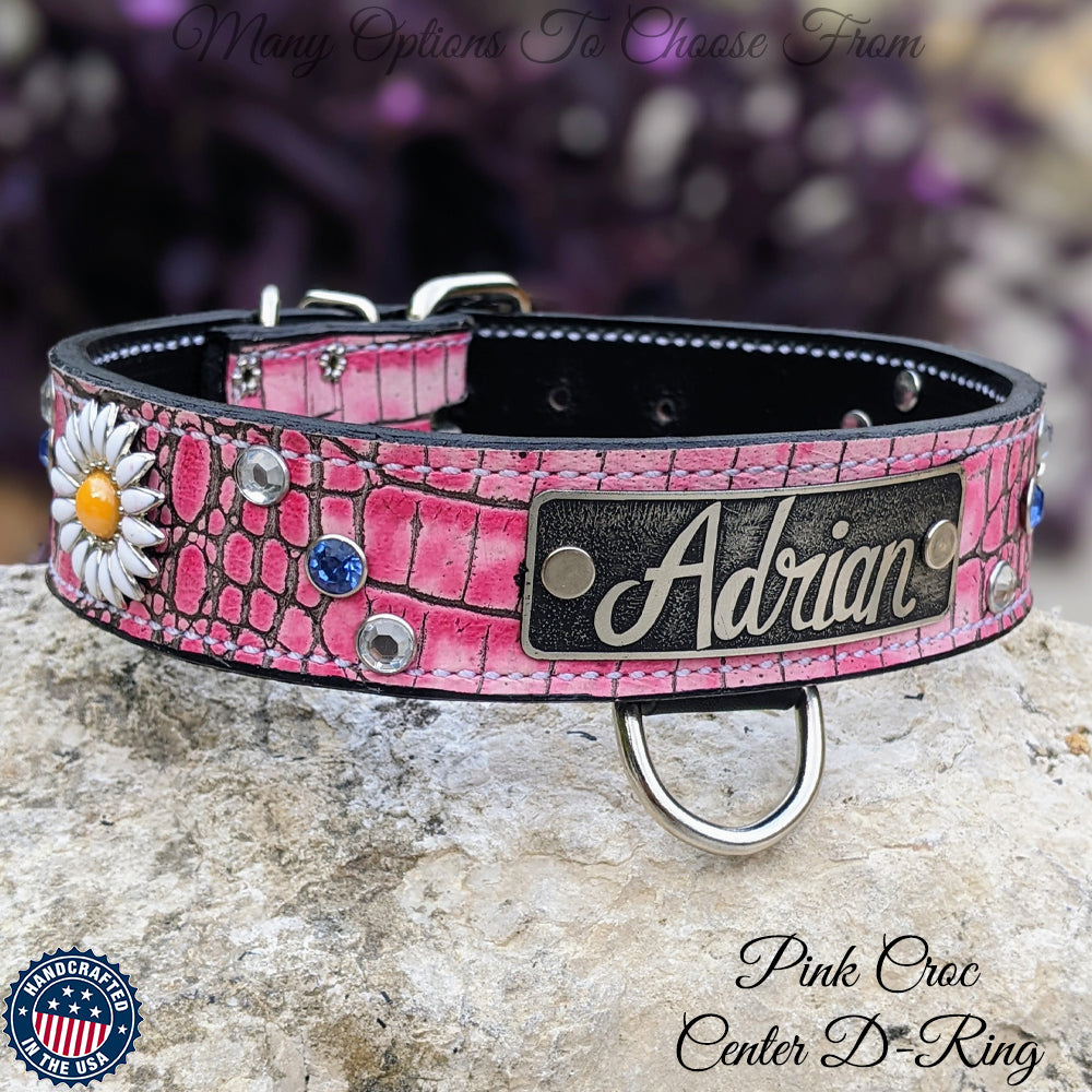 VN39 - Collar de cuero para perro personalizado con margaritas y gemas de 1 1/2" 