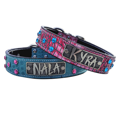 Personalized Leather Dog Collar, Bling Collar, Gems 1.5" Wide - VN3
