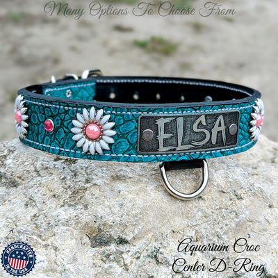 Leather Dog Collar Personalized Name Plate Daisies Gems 1.5" - VN4