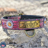 Leather Dog Collar Personalized Name Plate Daisies Gems 1.5" - VN4