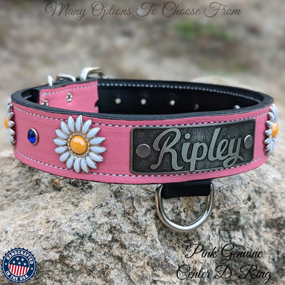 VN4 - 1.5" Wide Leather Dog Collar Personalized Name Plate Daisies Gems