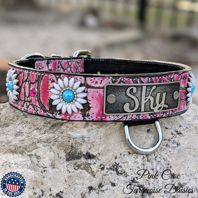 Leather Dog Collar Personalized Name Plate Daisies Gems 1.5" - VN4