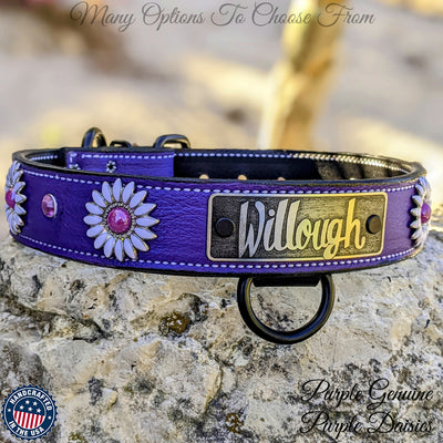 VN4 - 1.5" Wide Leather Dog Collar Personalized Name Plate Daisies Gems