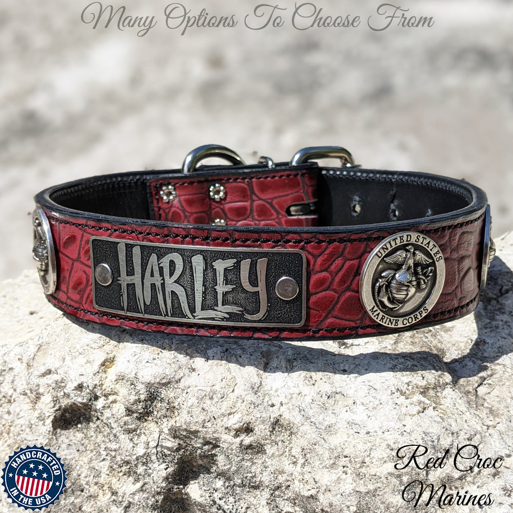 VN76 - Collar de cuero militar personalizado para perros de 1 1/2"