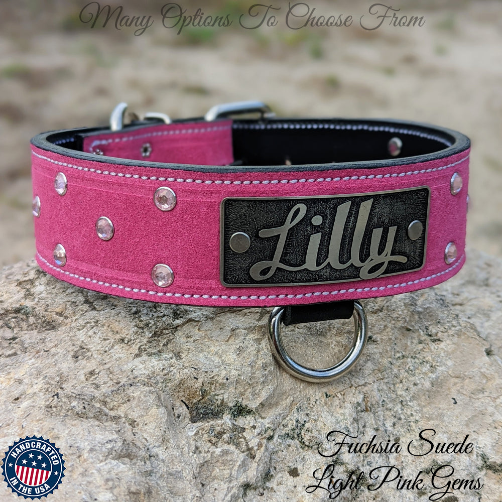 W12 - 2" Personalized Leather Dog Collar w/Gems