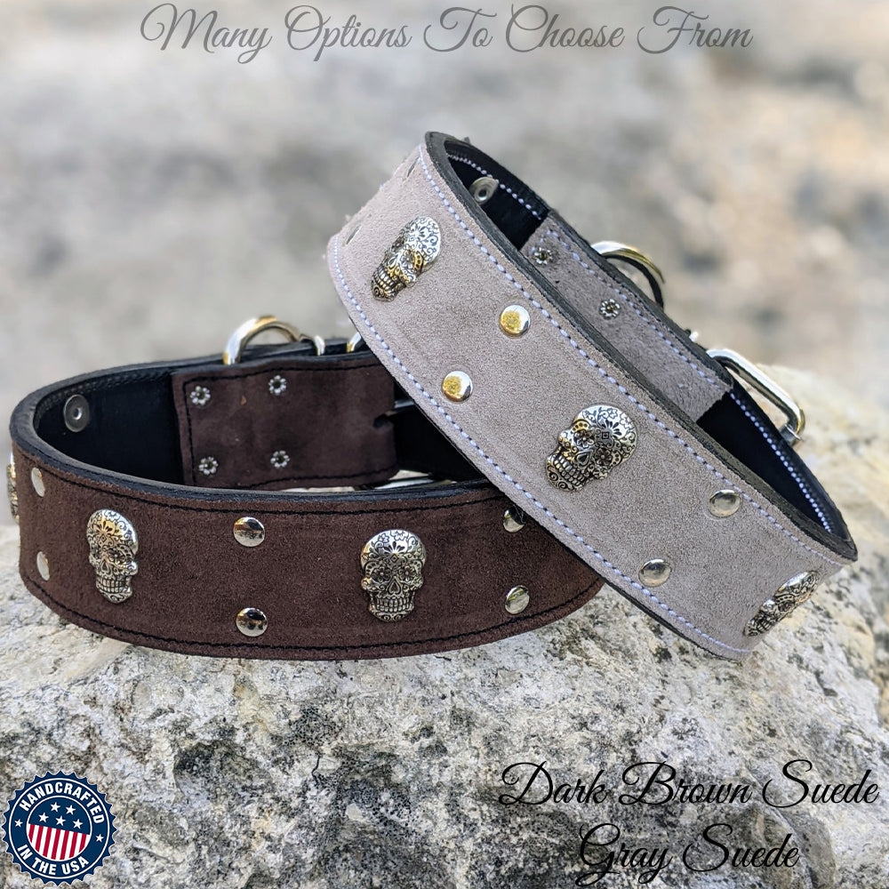 W21 - 2&quot; Leather Dog Collar with Sugar Skulls &amp; Rivets