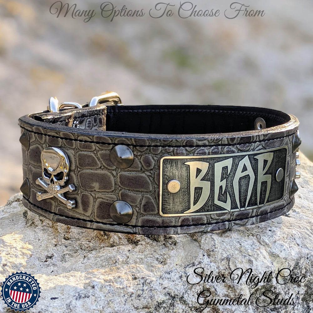 W27 - Personalized Leather Dog Collar w/ Skulls & Studs - 2"