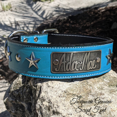 W39 - 2" Wide Personalized Leather Dog Collar w/Stars & Studs