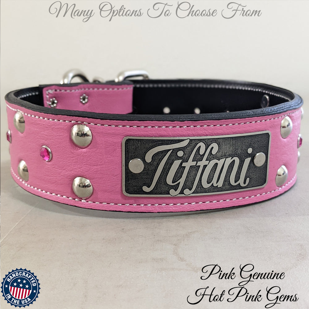 W43 - 2" Wide Leather Dog Collar with Name Plate Studs & Gems