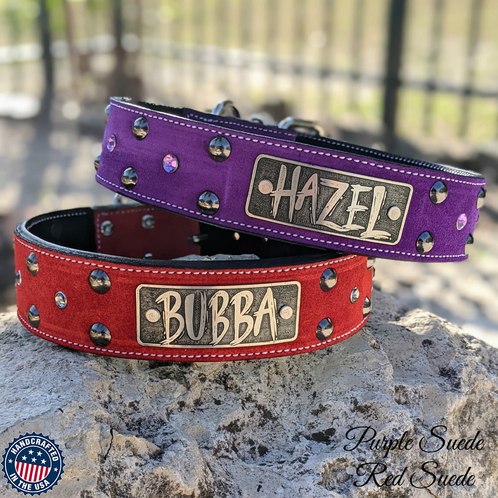 W43 - 2" Wide Leather Dog Collar with Name Plate Studs & Gems