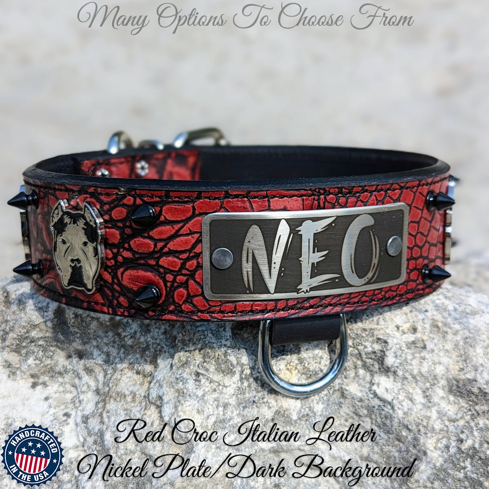 W45 - 2&quot; Personalized Bully Spiked Leather Dog Collar