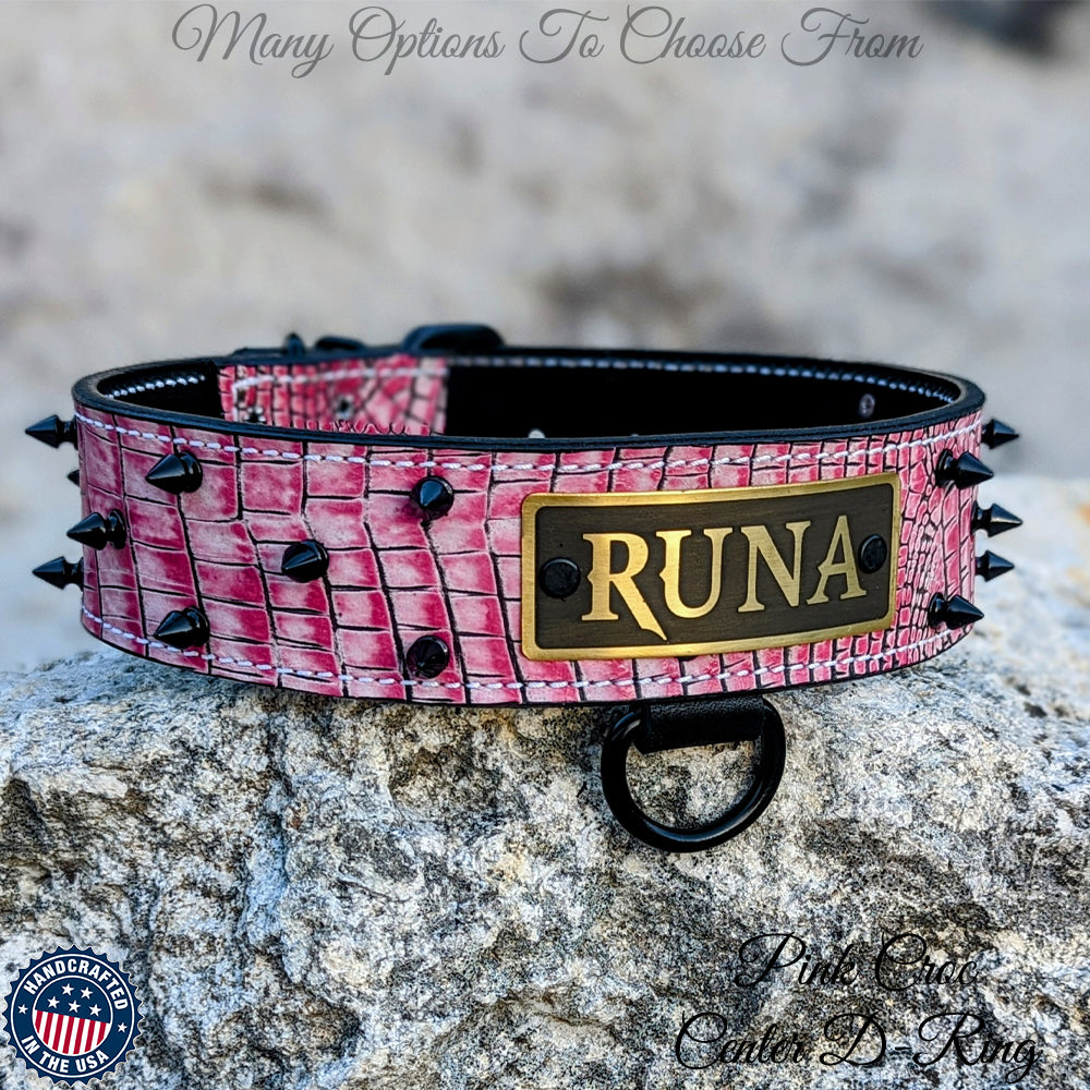 W46 - 2" Spiked Leather Dog Collar with Personalized Name Plate