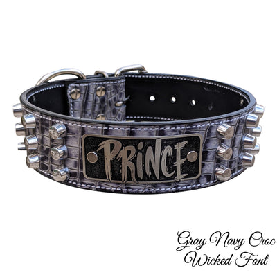 W48 - 2" Personalized Name Plate Bucket Studded Leather Dog Collar