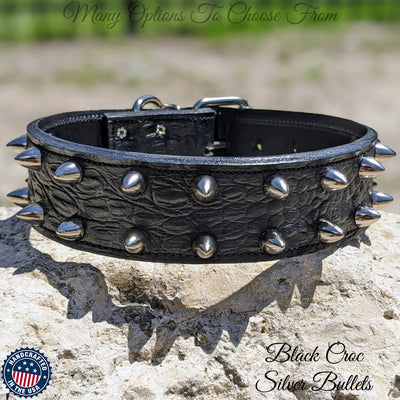 Leather Dog Collar with Bullet Studs, Custom Made Collar 2" Wide - W49