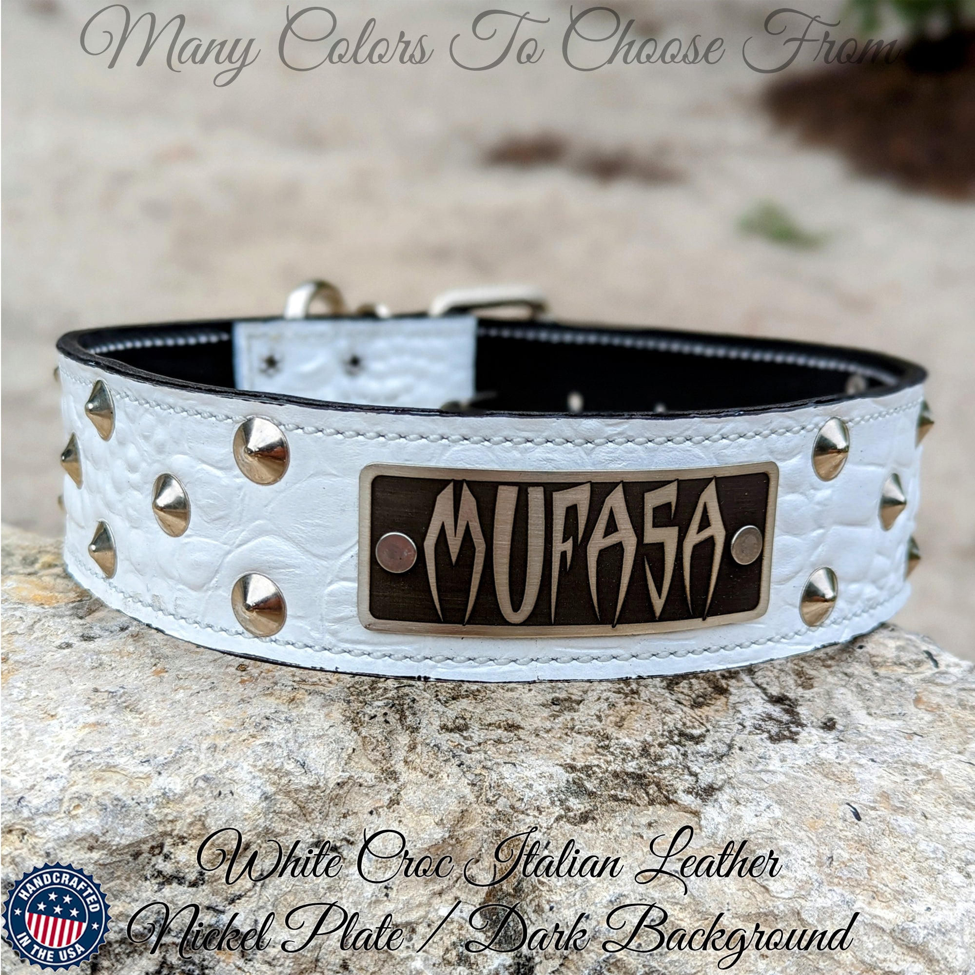 Leather Dog Collar, Personalized Name Plate Studded 2 Wide - N12