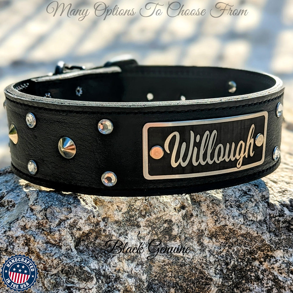 WN3 - 2" Leather Dog Collar with Name Plate, Studs & Gems