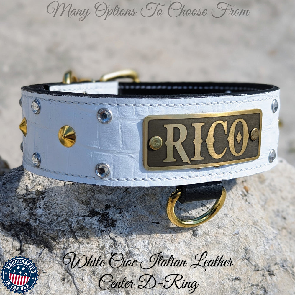 WN3 - 2" Leather Dog Collar with Name Plate, Studs & Gems