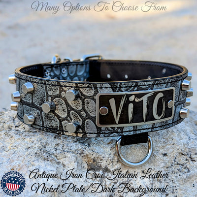 Leather Dog Collar Personalized Name Plate Studded 2" Wide - WN4