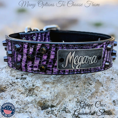 Leather Dog Collar Personalized Name Plate Studded 2" Wide - WN4