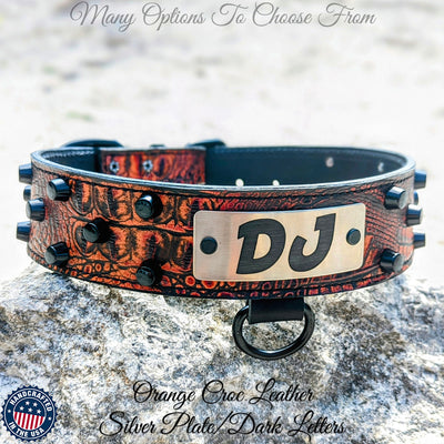 Leather Dog Collar Personalized Name Plate Studded 2" Wide - WN4
