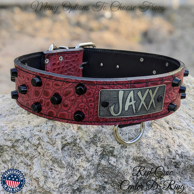 Leather Dog Collar Personalized Name Plate Studded 2" Wide - WN4