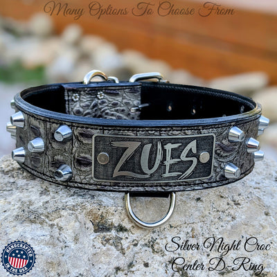 Leather Dog Collar Personalized Name Plate Studded 2" Wide - WN4