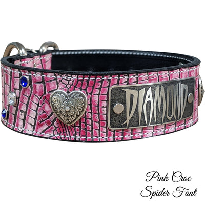 Personalized Leather Dog Collar, Collar Hearts & Gems 2" Wide - WN37