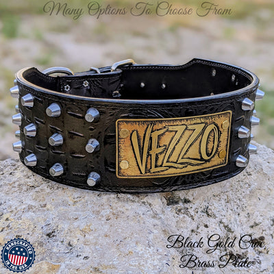 Leather Dog Collar Personalized Nameplate Studded Leather 3" Wide- XN1