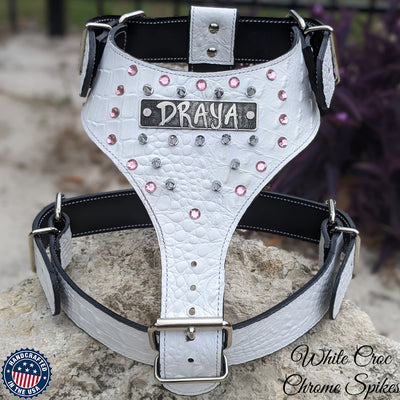 NH6 - Personalized Leather Dog Harness w/Gems & Spikes