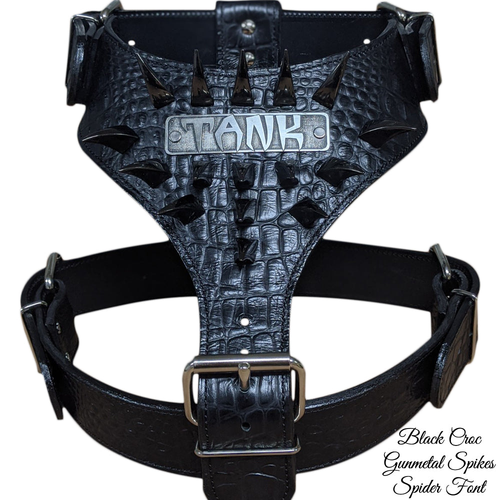 NH7 - Leather Dog Harness with Name & Claw Spikes