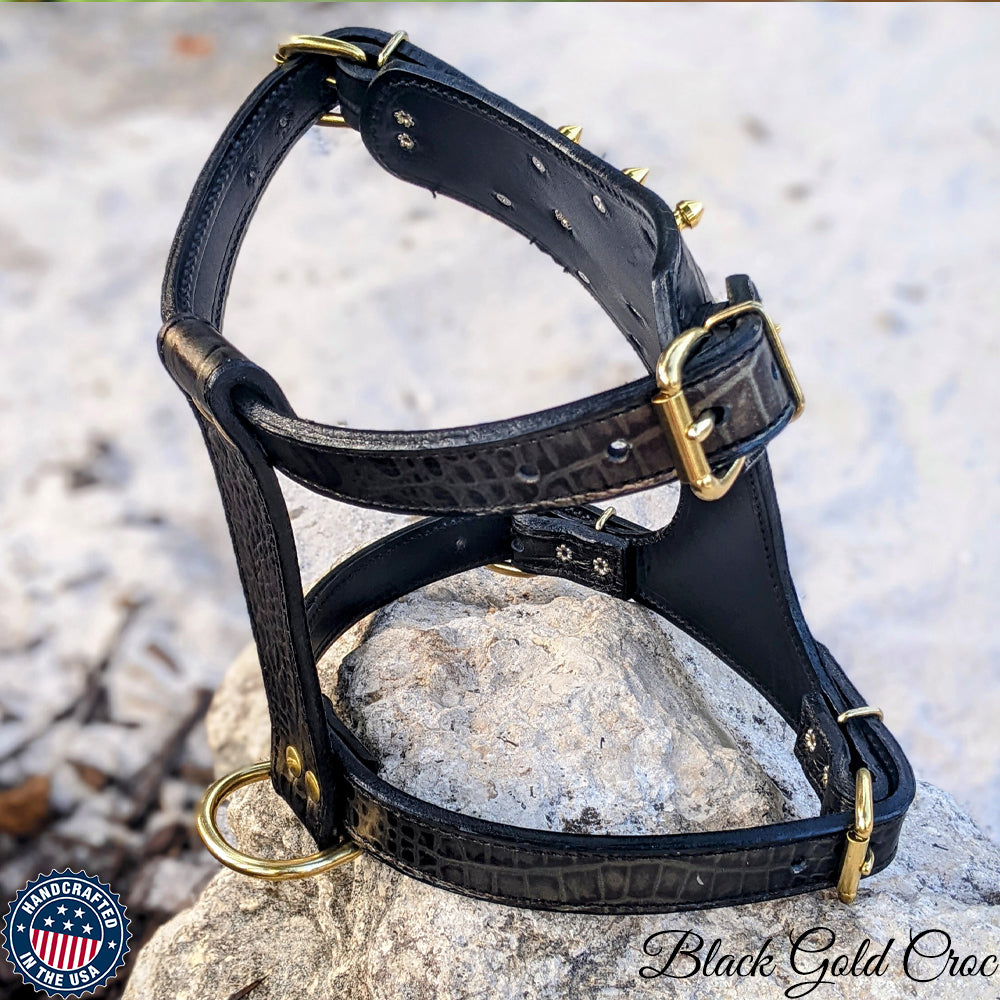 FBH3 - French Bulldog Leather Harness with Name & Spikes