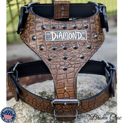 NH10 - Leather Dog Harness with Name Plate and Cone Studs