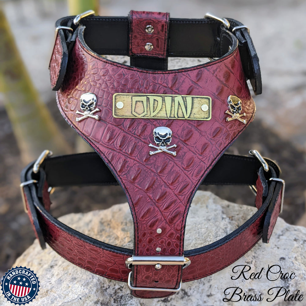Personalized Leather Dog Harness with Skull & Crossbones Custom