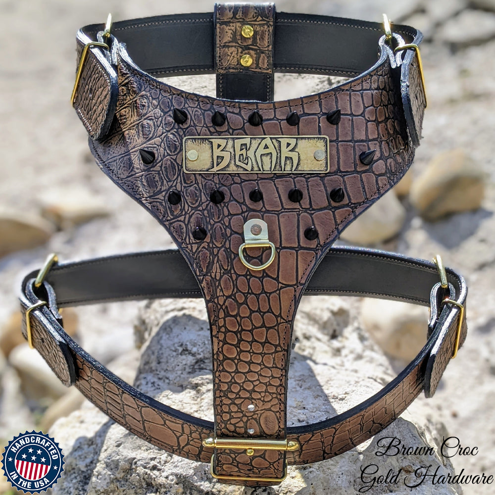 NH8 - Personalized Leather Dog Harness with Cone Spikes