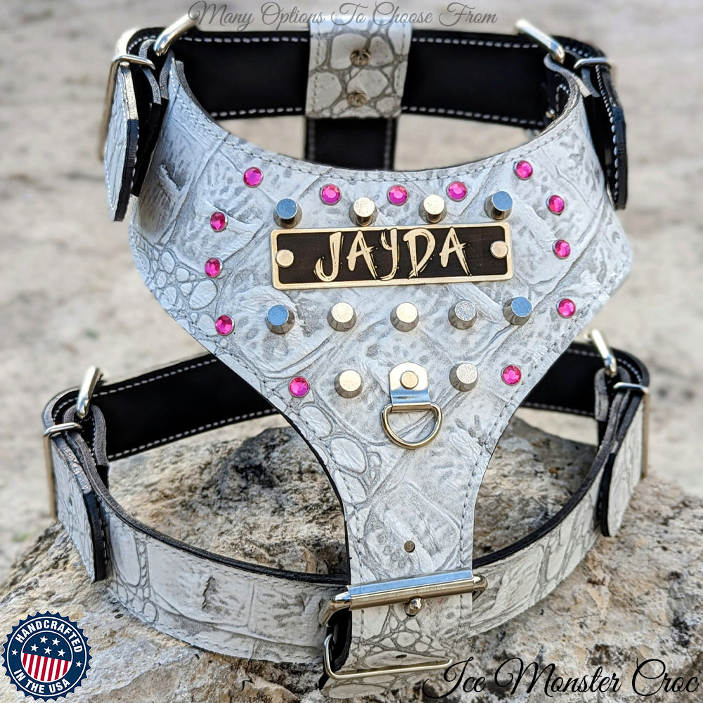 NH9 - Personalized Leather Dog Harness w/Gems & Bucket Studs